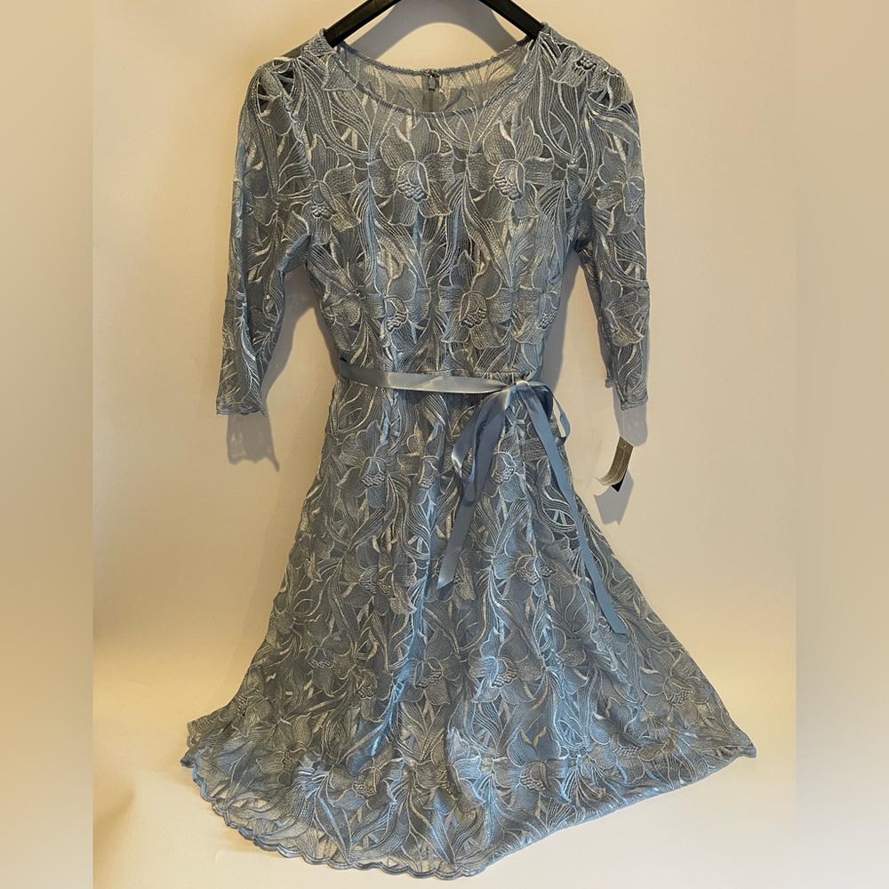 Alex Evenings Women's Tea Length Embroidered Dress Illusion Sleeves